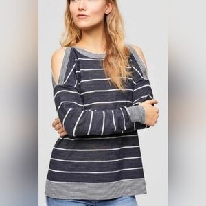 LOFT Sweater Striped Cold Shoulder Gray/White Knit Woman Sz S